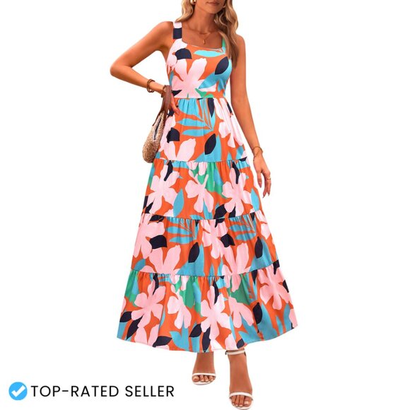 Floral Maxi Dress Ruffle Long Flowy Boho Beach Vacation Sundress Summer